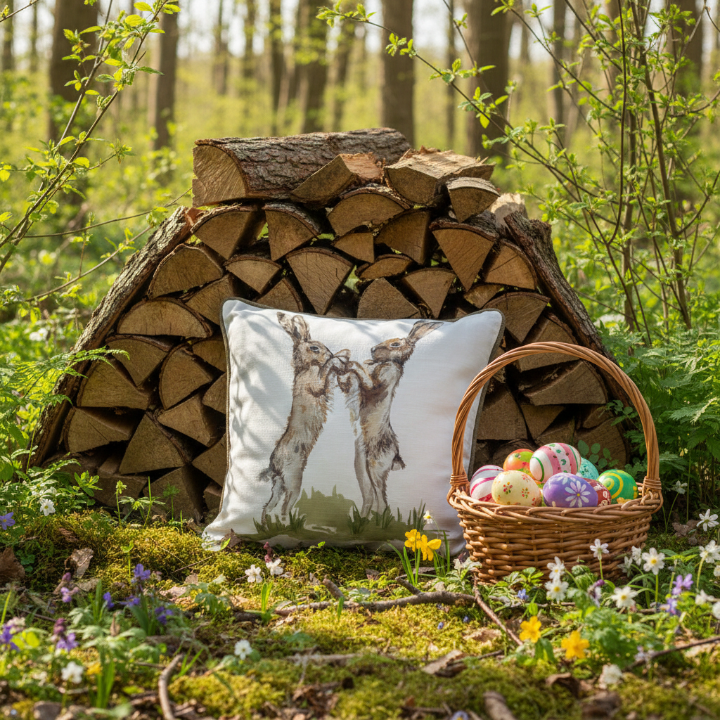 Kissenhülle „Hasenkampf“ im englischen Landhausstil