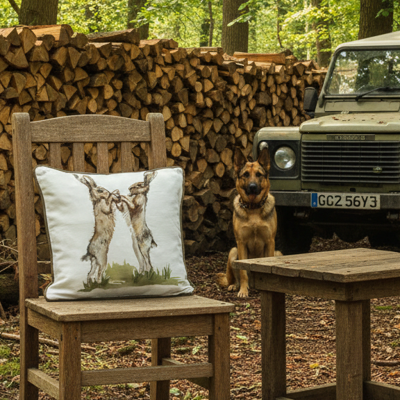 Kissenhülle „Hasenkampf“ im englischen Landhausstil