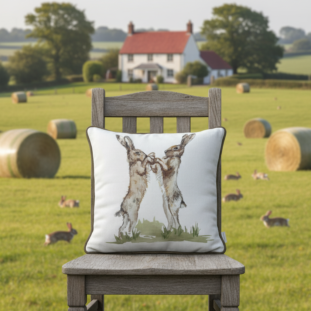 Kissenhülle „Hasenkampf“ im englischen Landhausstil