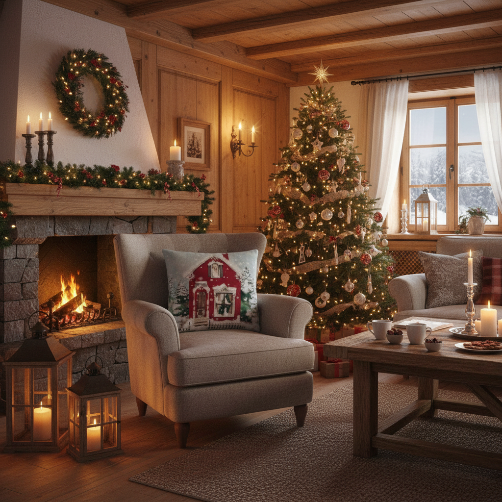 Kissenhülle „Christmas Cottage“ im englischen Landhausstil