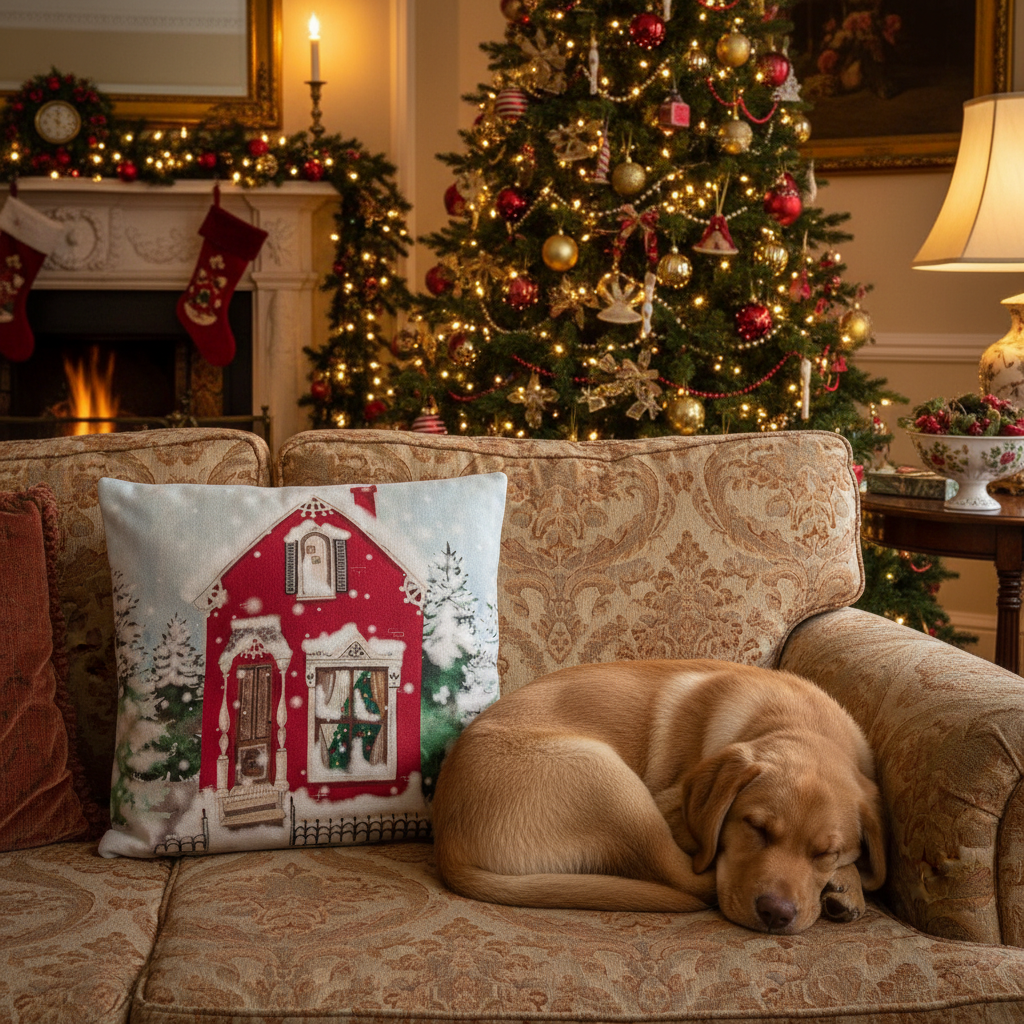 Kissenhülle „Christmas Cottage“ im englischen Landhausstil