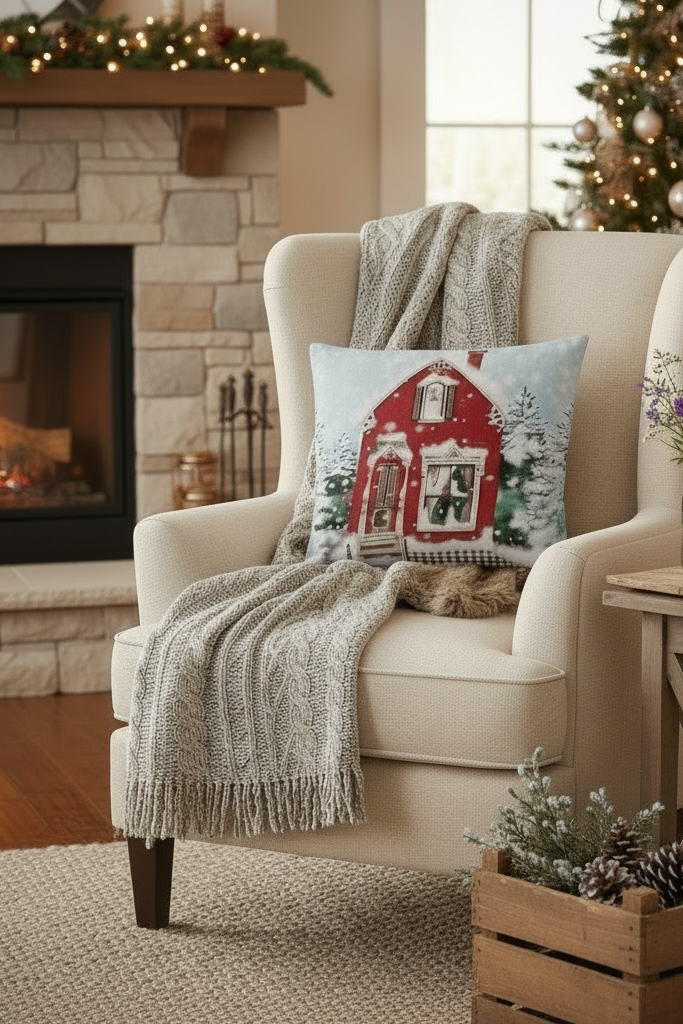 Kissenhülle „Christmas Cottage“ im englischen Landhausstil