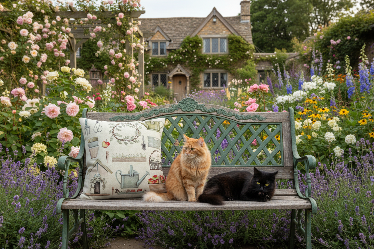 Kissenhülle „Gartenutensilien“ im englischen Landhausstil