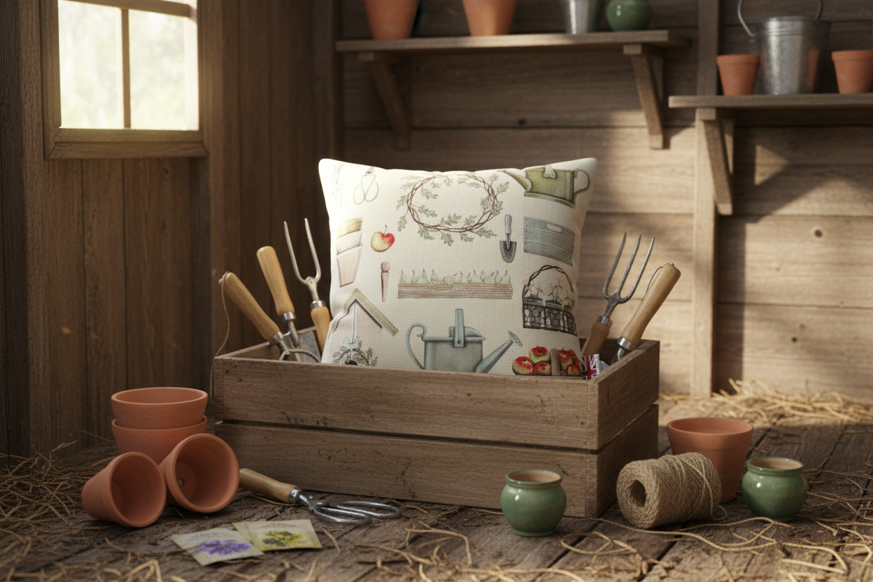 Kissenhülle „Gartenutensilien“ im englischen Landhausstil