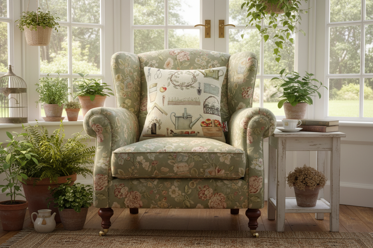 Kissenhülle „Gartenutensilien“ im englischen Landhausstil