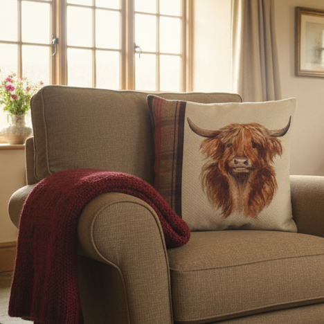 Kissenhülle "Schottisches Hochlandrind" im englischen Landhausstil