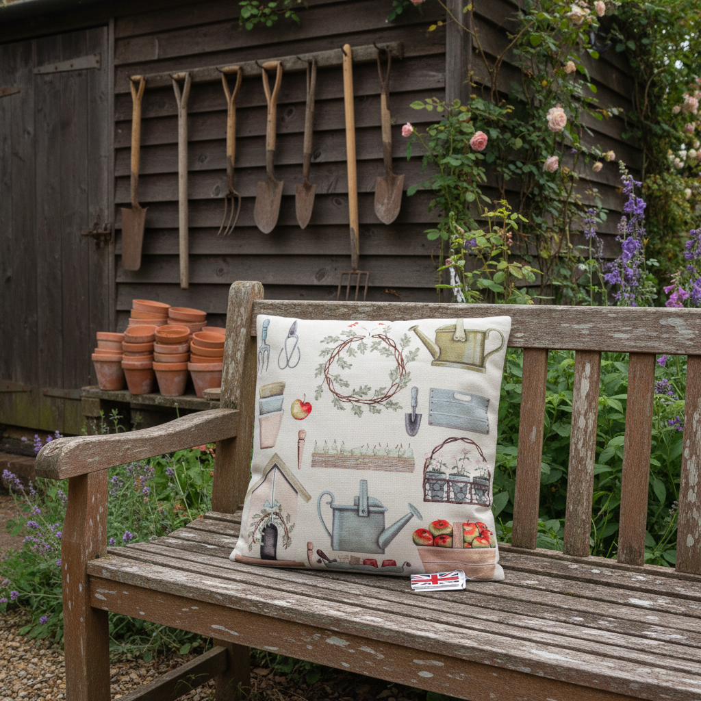 Kissenhülle „Gartenutensilien“ im englischen Landhausstil