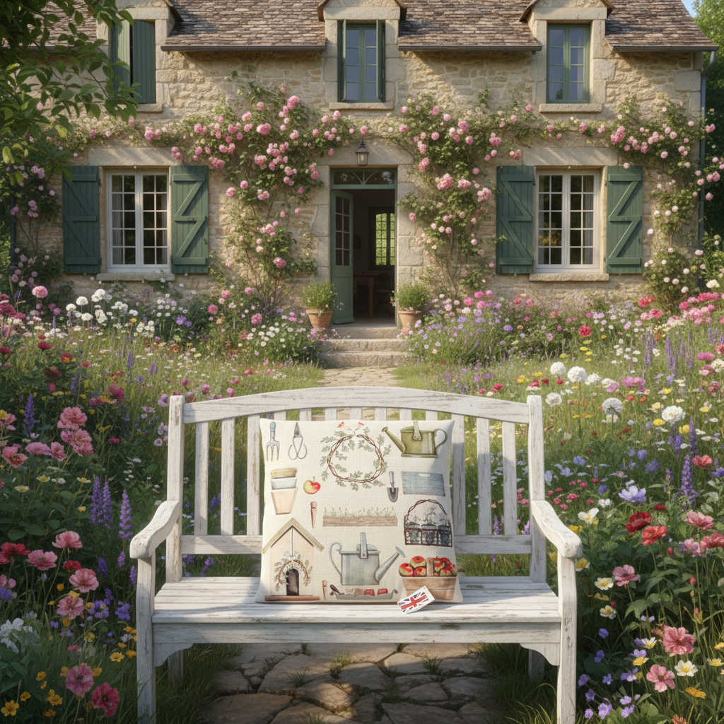 Kissenhülle „Gartenutensilien“ im englischen Landhausstil