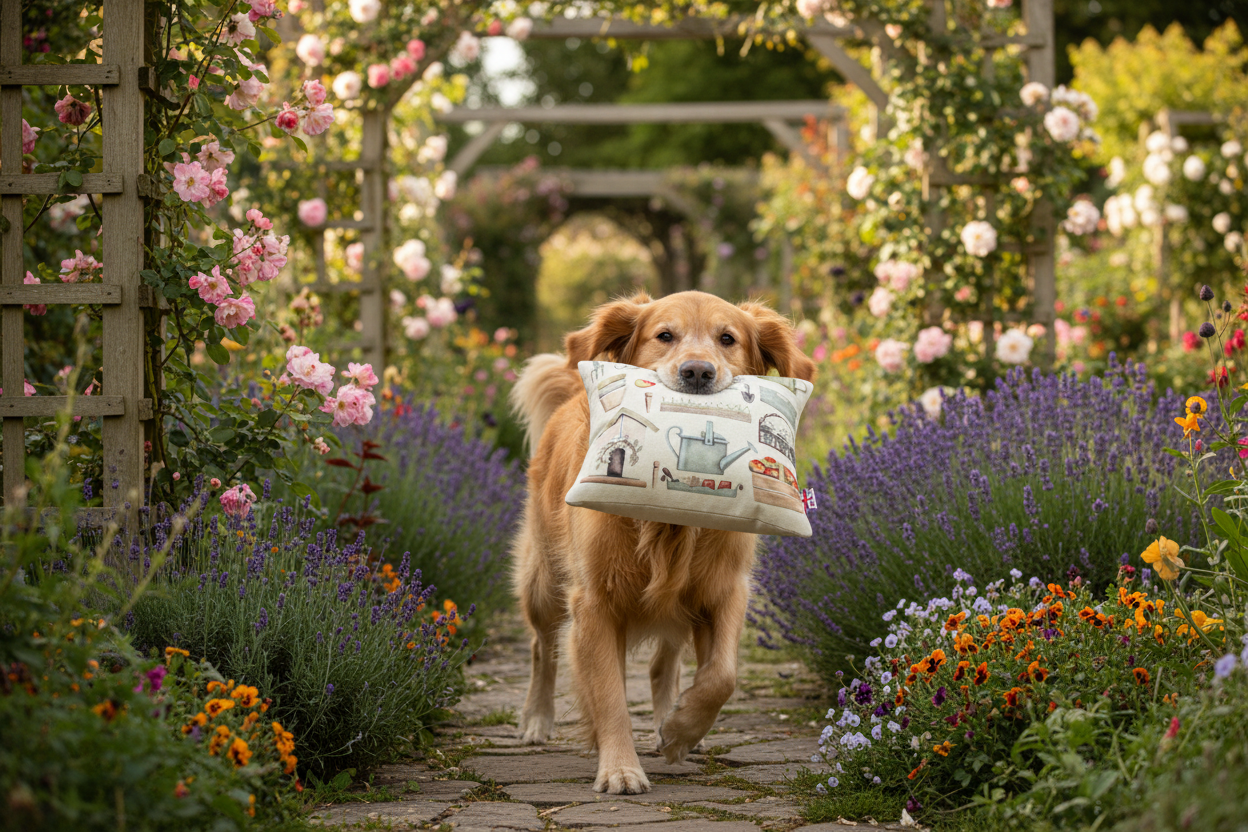 Kissenhülle „Gartenutensilien“ im englischen Landhausstil