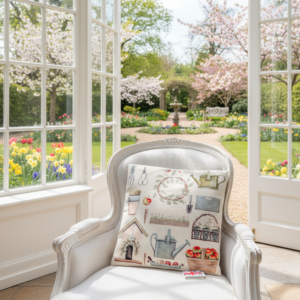 Kissenhülle „Gartenutensilien“ im englischen Landhausstil