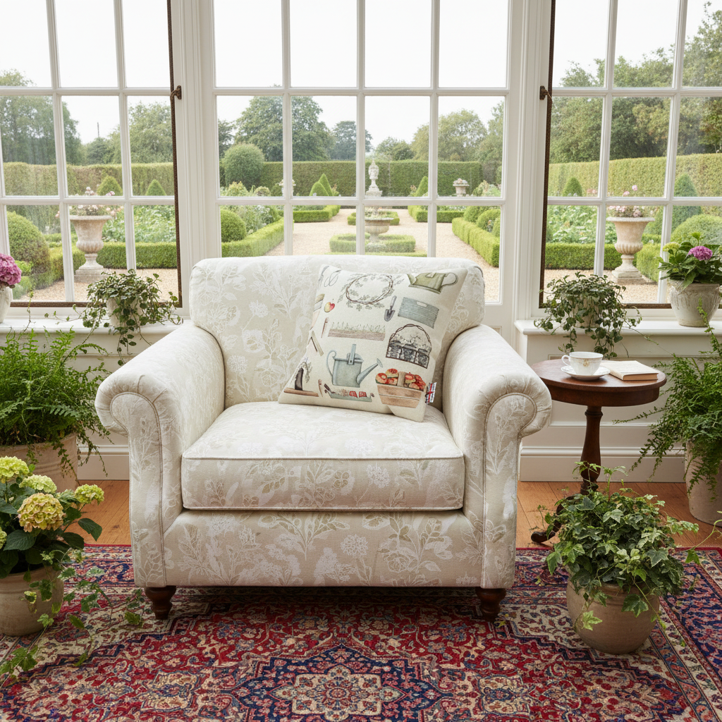 Kissenhülle „Gartenutensilien“ im englischen Landhausstil