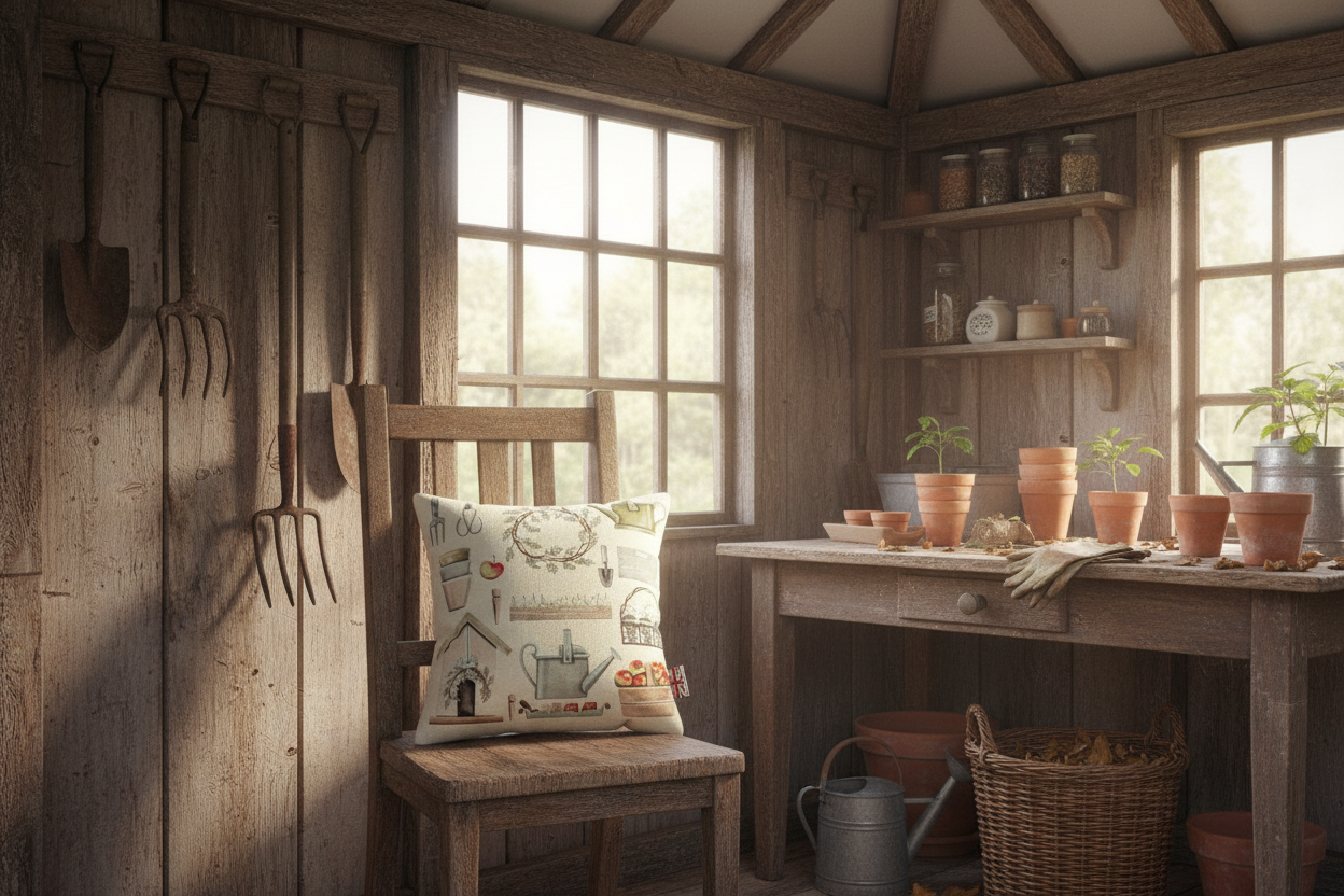 Kissenhülle „Gartenutensilien“ im englischen Landhausstil