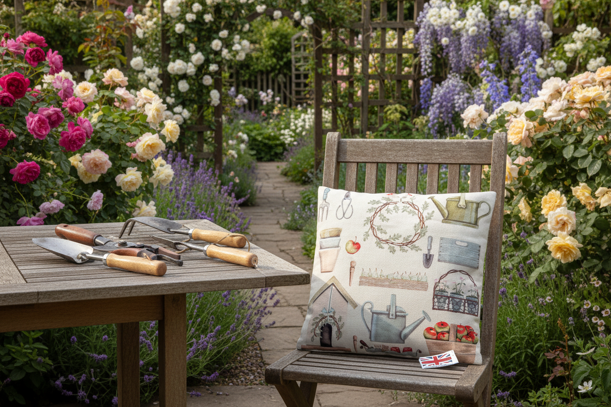 Kissenhülle „Gartenutensilien“ im englischen Landhausstil