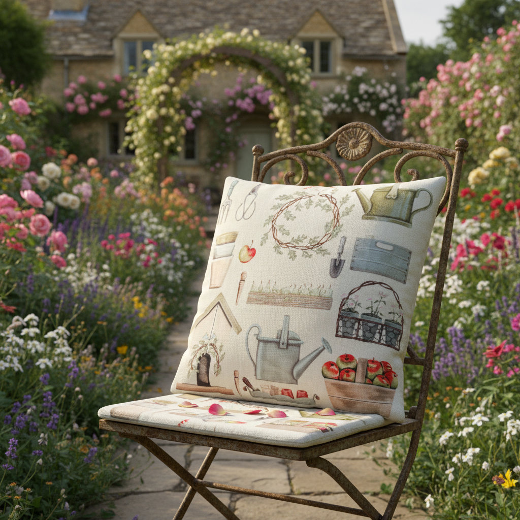 Kissenhülle „Gartenutensilien“ im englischen Landhausstil