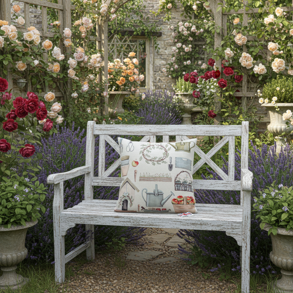 Kissenhülle „Gartenutensilien“ im englischen Landhausstil