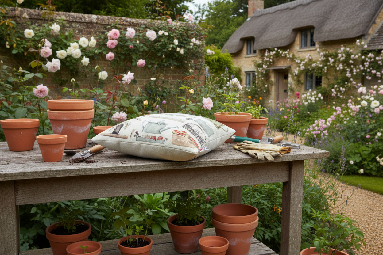 Kissenhülle „Gartenutensilien“ im englischen Landhausstil