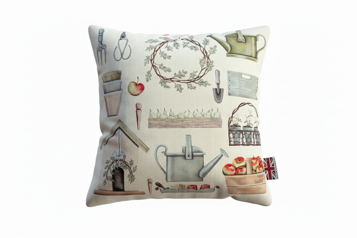 Kissenhülle „Gartenutensilien“ im englischen Landhausstil