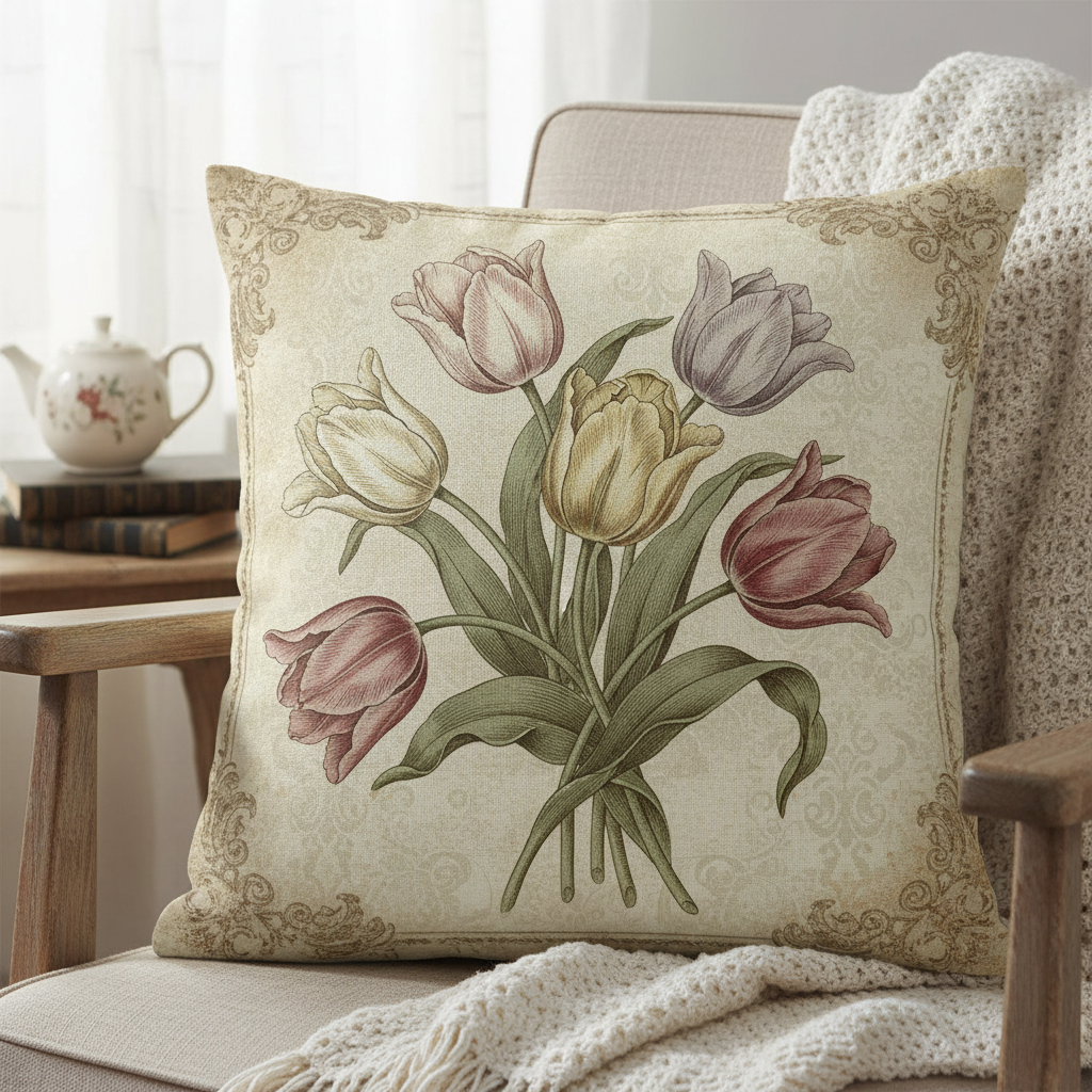 Dekokissen (40 cm x 40 cm) mit Tulpen im Vintage Stil