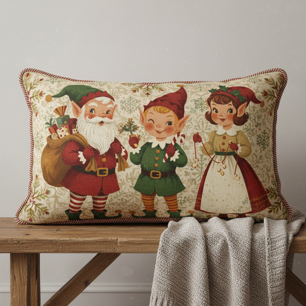Dekokissen im Vintage Stil mit Weihnachtselfen