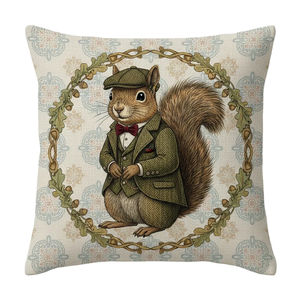 Dekokissen Eichhörnchen mit Tweed Anzug. Englischer Landhausstil