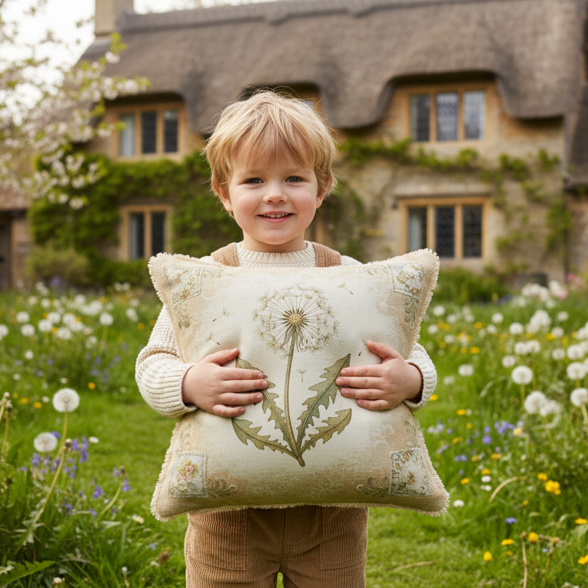 Dekokissen mit einer Löwenzahn-Pflanze im Vintage, Landhausstil