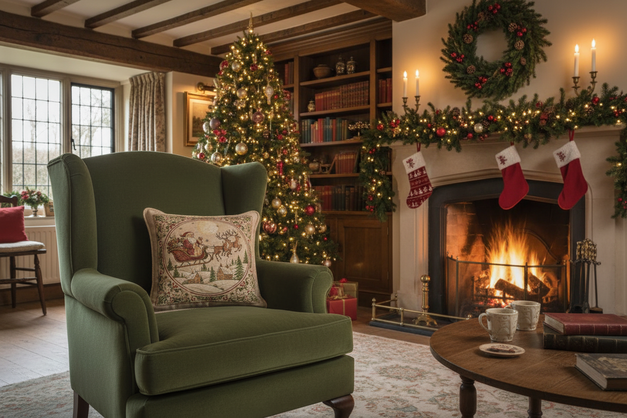 Kissenhülle "Weihnachtsmann mit Rentierschlitten" im Landhausstil