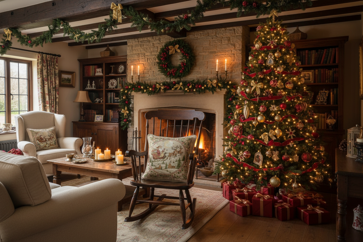 Kissenhülle "Weihnachtsmann mit Rentierschlitten" im Landhausstil