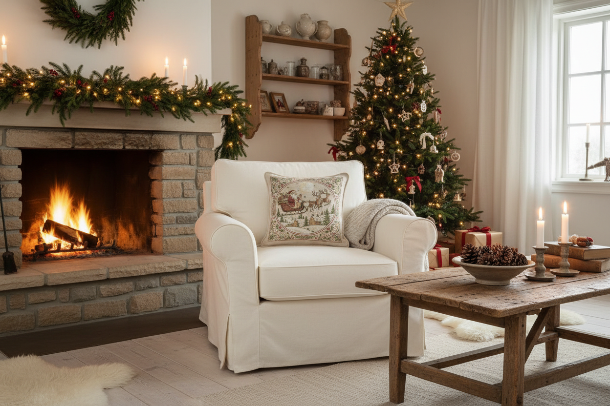 Kissenhülle "Weihnachtsmann mit Rentierschlitten" im Landhausstil