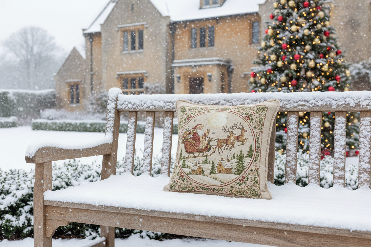Kissenhülle "Weihnachtsmann mit Rentierschlitten" im Landhausstil