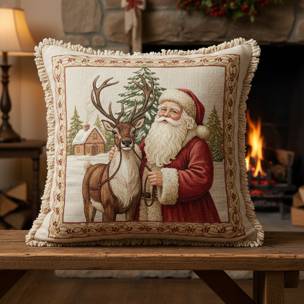 Dekokissen mit Weihnachtsmann und Rentier im Vintage Landhaus-Stil