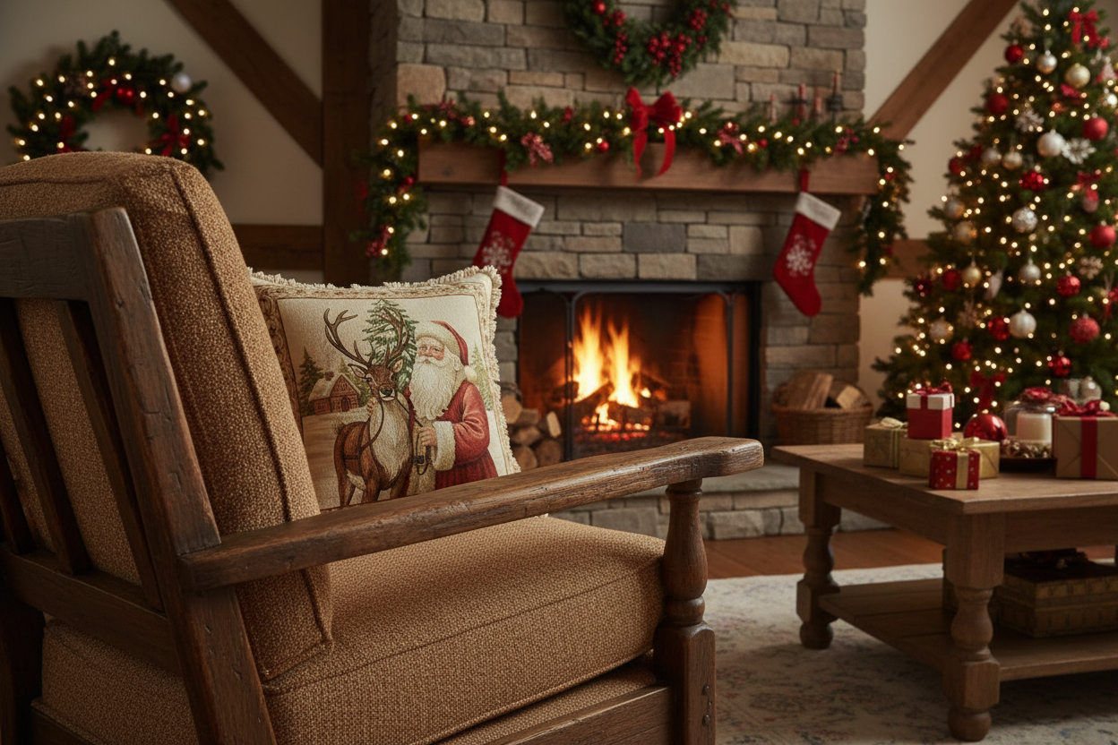 Kissenhülle "Weihnachtsmann mit Rentier" im Landhausstil