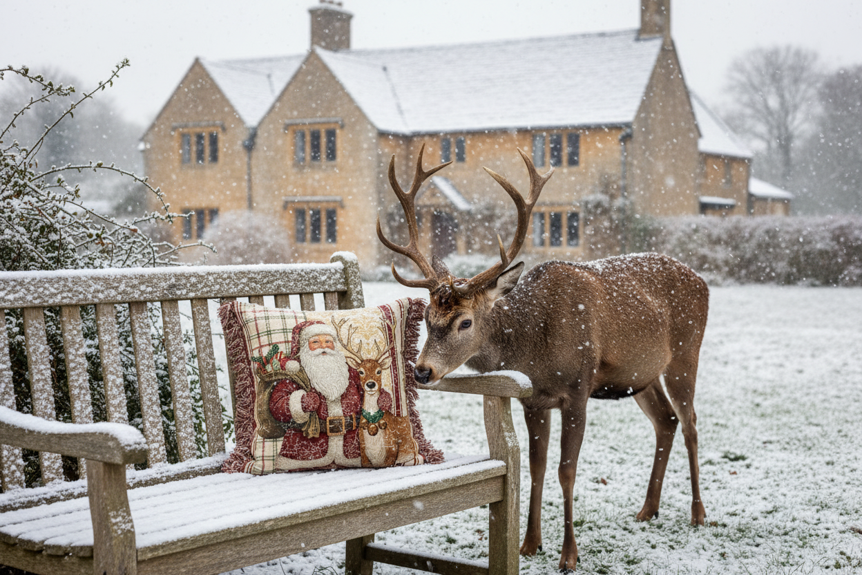 Kissenhülle "Weihnachtsmann mit Rentier" im Landhausstil