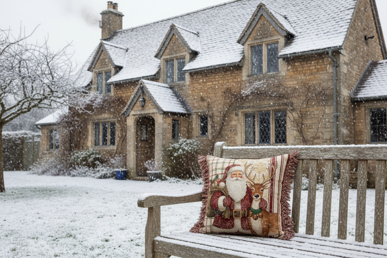 Kissenhülle "Weihnachtsmann mit Rentier" im Landhausstil