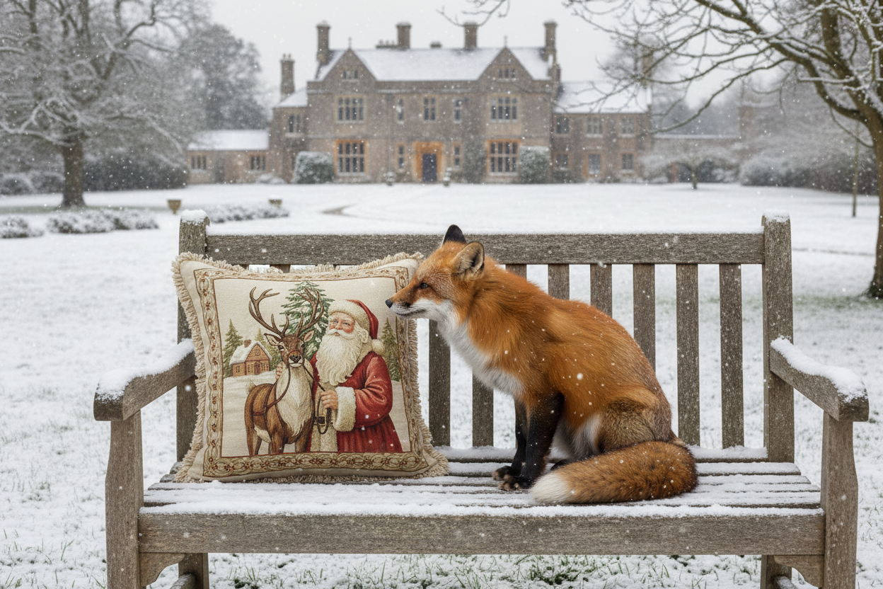 Kissenhülle "Weihnachtsmann mit Rentier" im Landhausstil