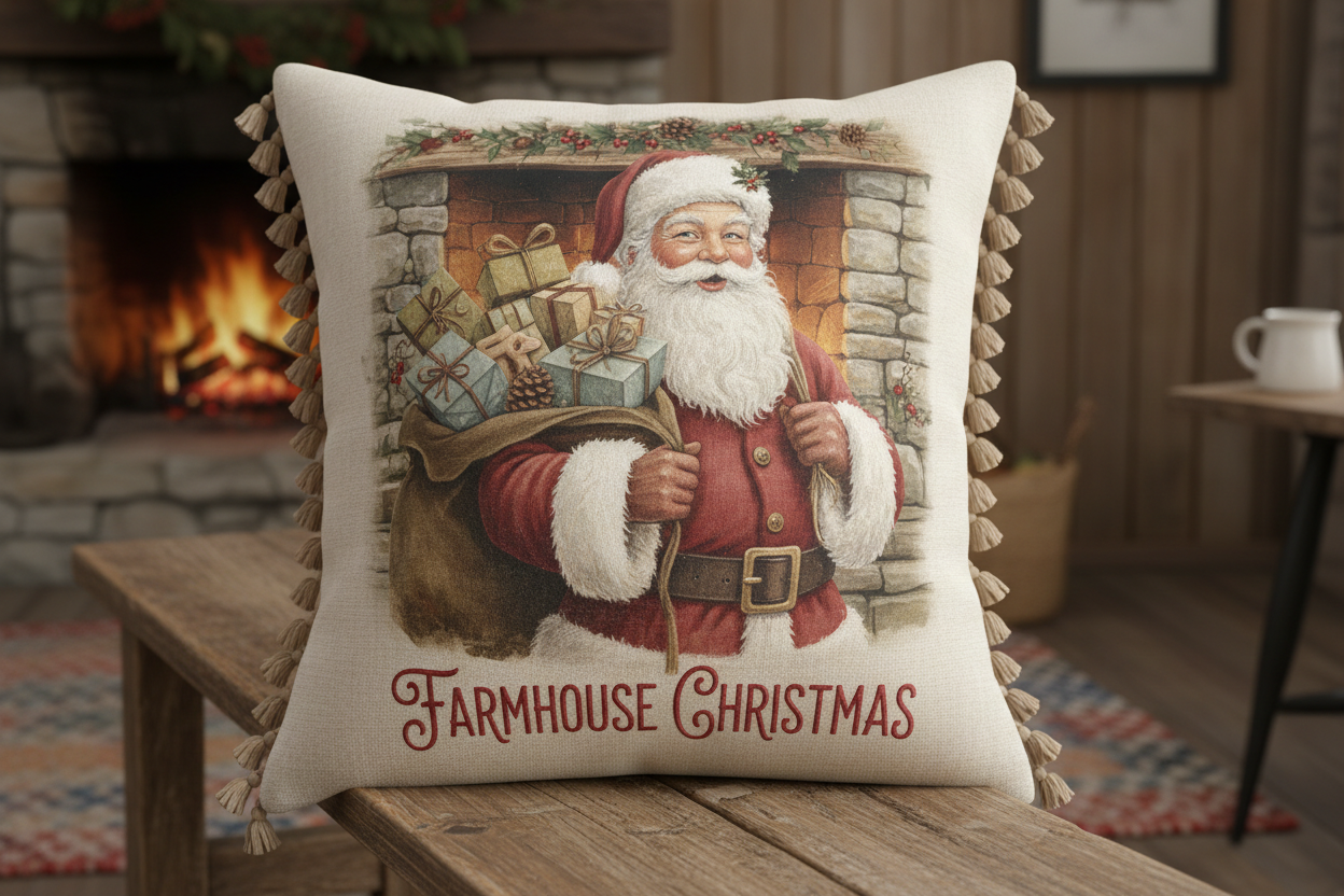 Dekokissen mit Weihnachtsmann und Weihnachtsgeschenke im Vintage Landhaus-Stil
