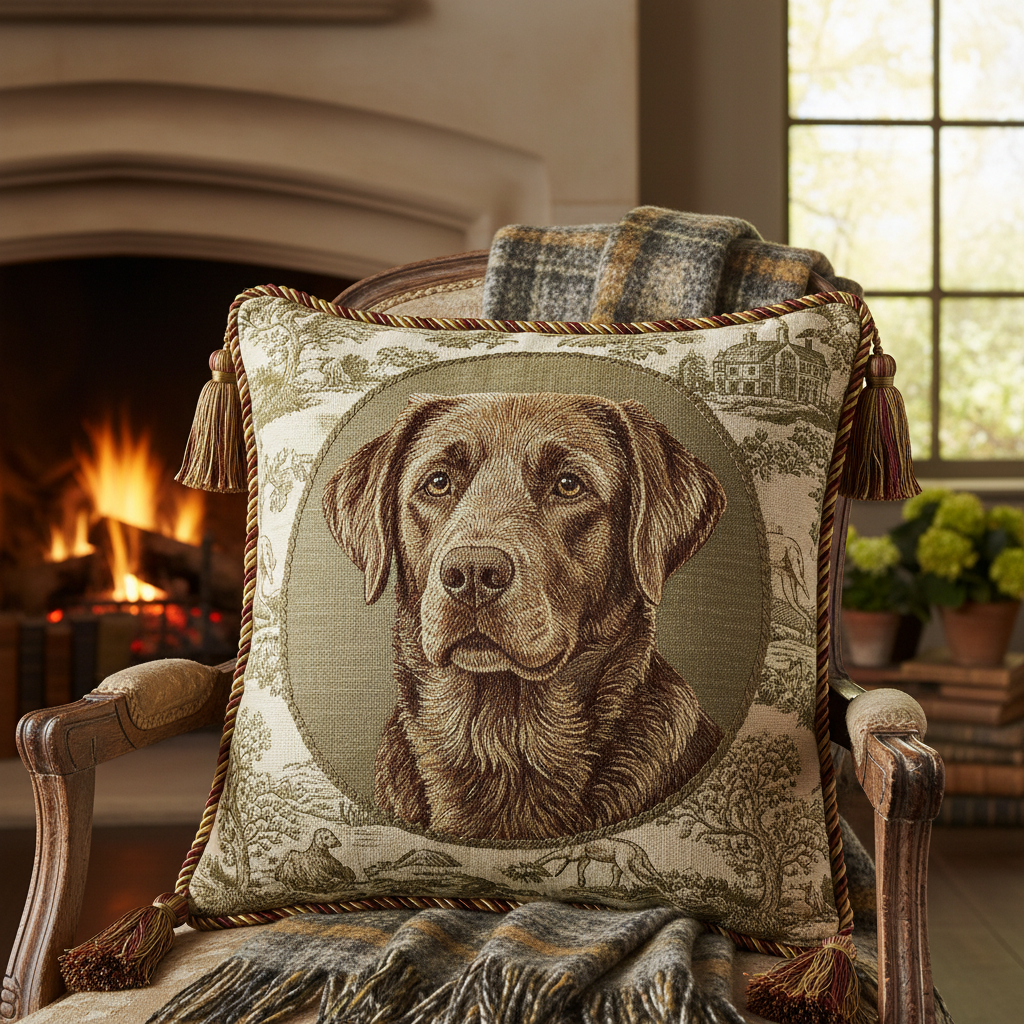 Ein Dekokissen mit einem Labrador in braun darauf. Das Kissen soll dem englischen Landhausstil wiederspiegeln.